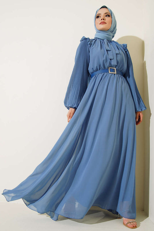 Robe Manches Plissées Bleu