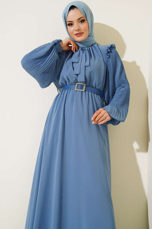 Robe Manches Plissées Bleu