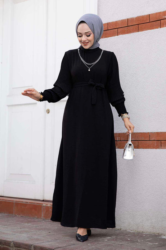 Pleated Sleeve Modest Dress Black