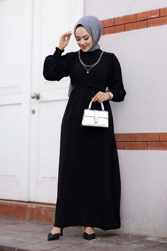 Pleated Sleeve Modest Dress Black