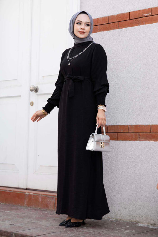 Pleated Sleeve Modest Dress Black