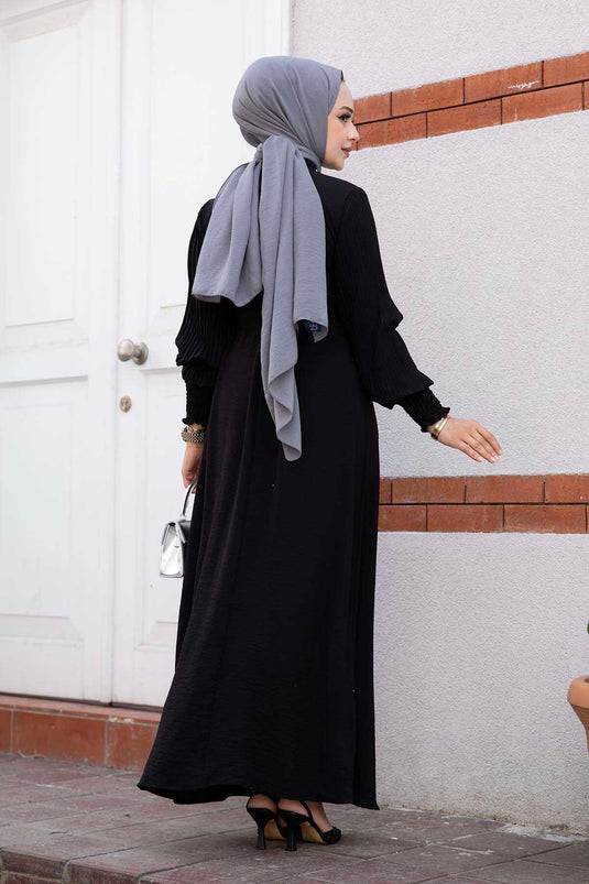 Pleated Sleeve Modest Dress Black