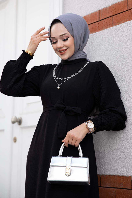 Pleated Sleeve Modest Dress Black