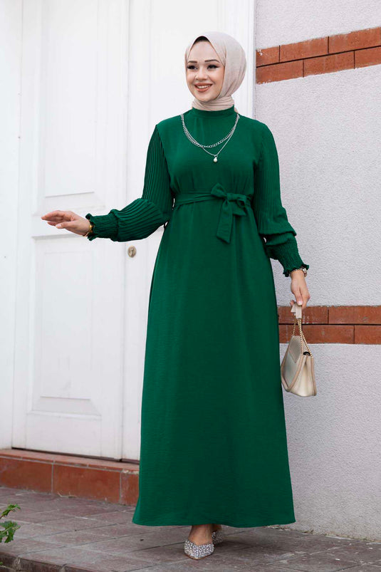 Robe Hijab Longue à Manches Plissées, Émeraude