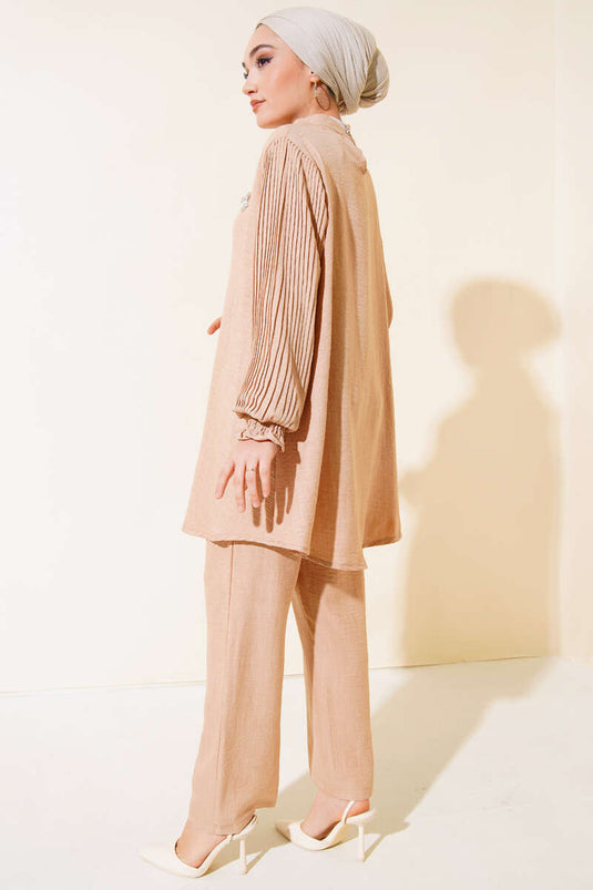 Geplooide mouwen Linnen Dubbele Set Latte