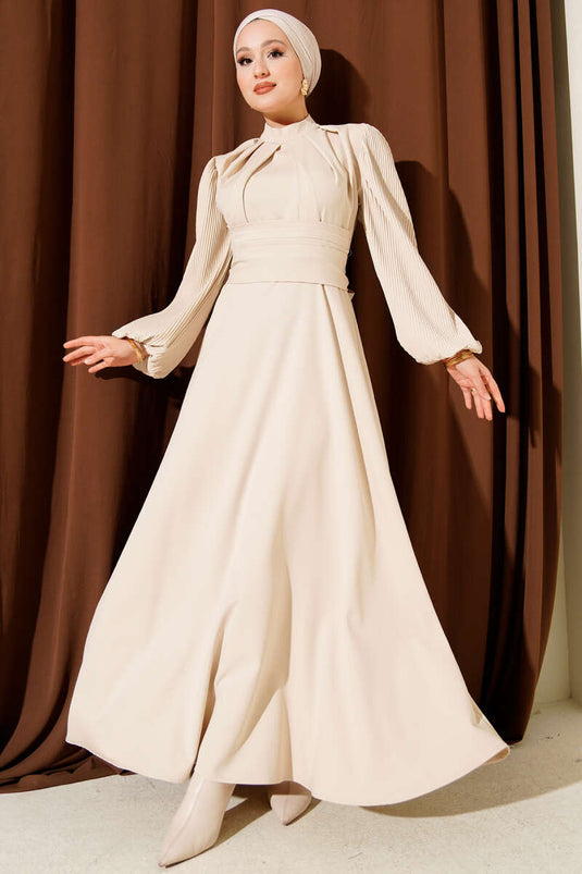 Kolları Piliseli Kuşaklı Abiye Elbise Bej