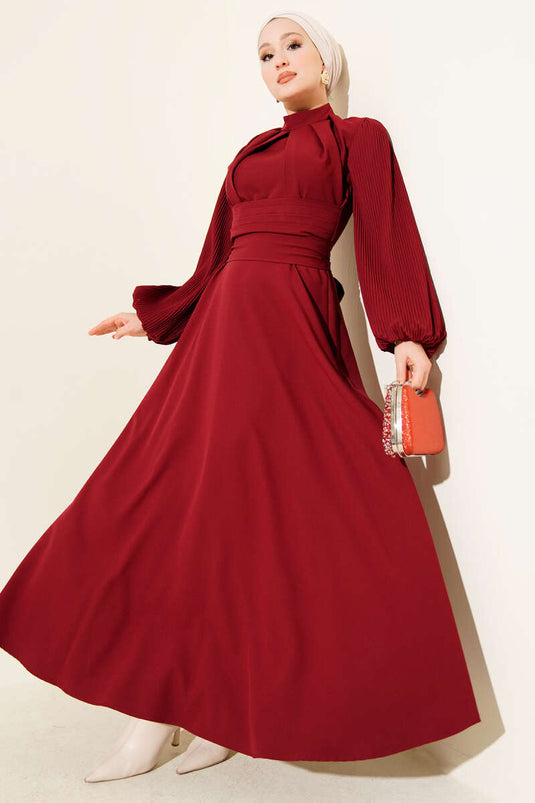 Kolları Piliseli Kuşaklı Abiye Elbise Bordo