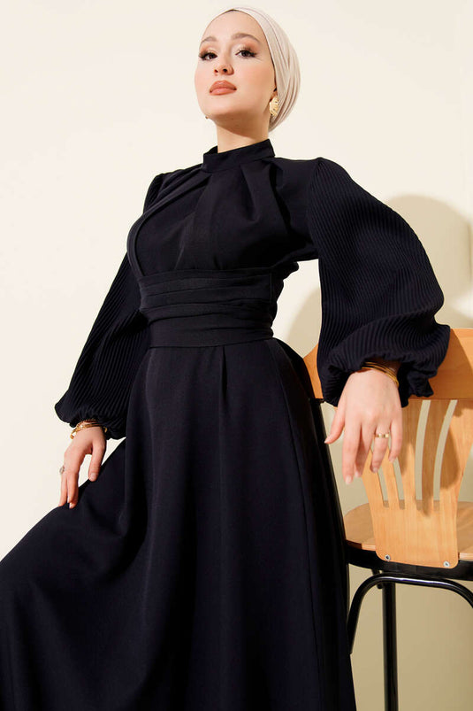 Kolları Piliseli Kuşaklı Abiye Elbise Lacivert