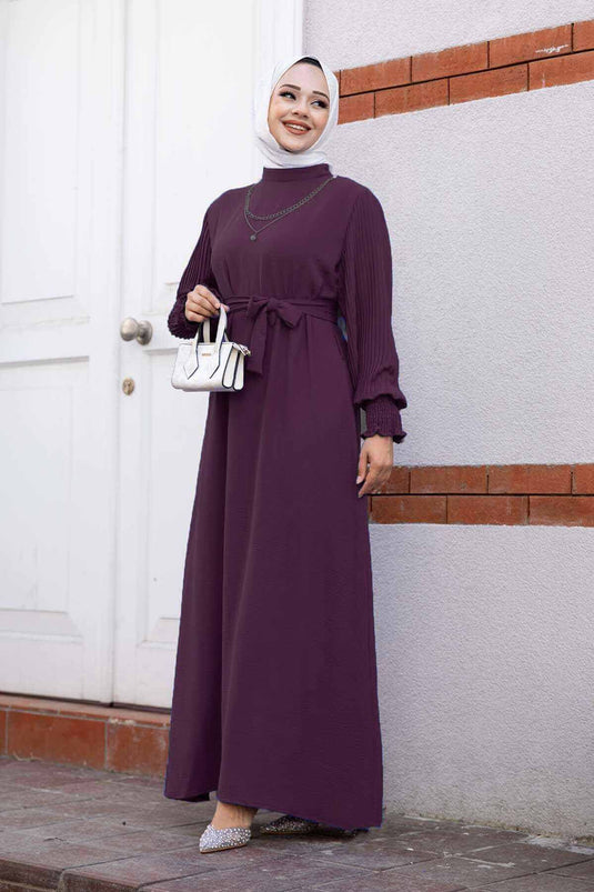 Robe Hijab à Manches Plissées Prune