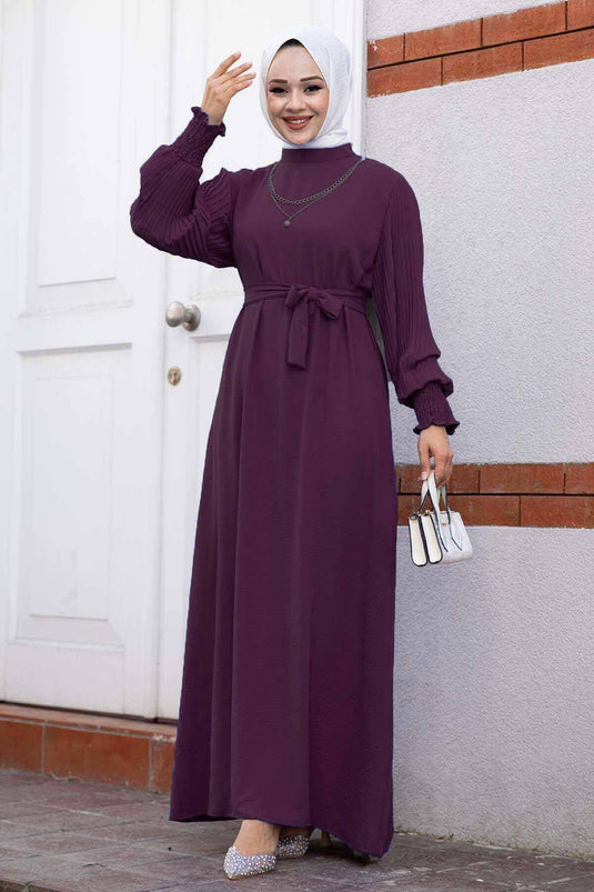 Pleated Sleeve Hijab Dress Purple