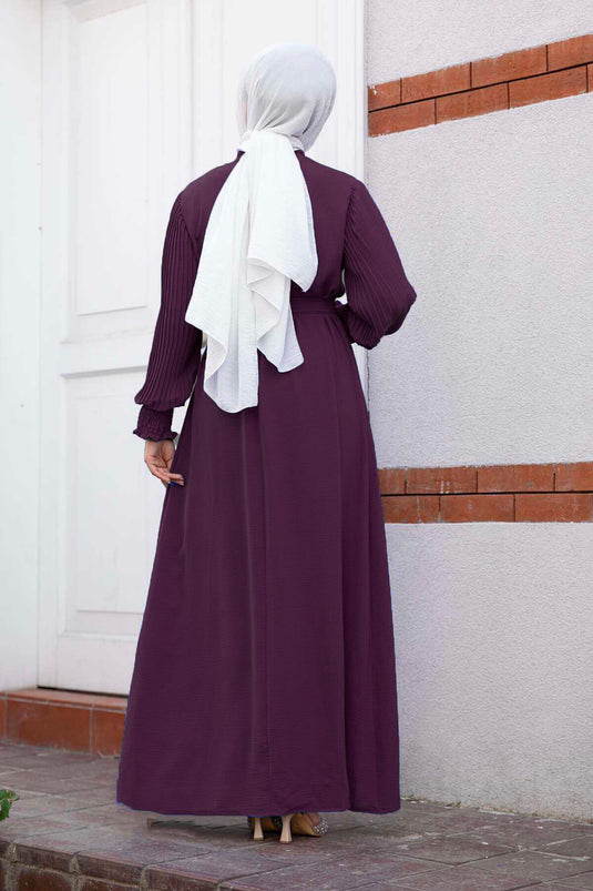 Hijab Kleid mit Plissierten Ärmeln Pflaume