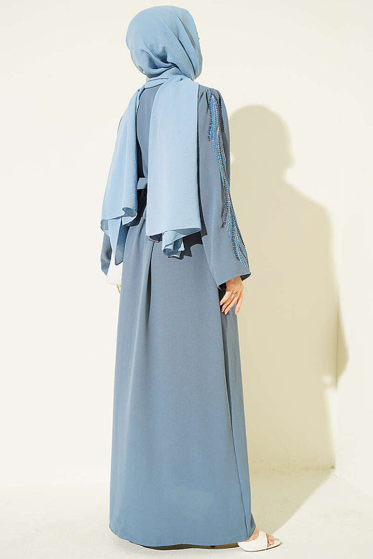 Kolları Pul Nakışlı Krep Abaya Kayrak Grisi