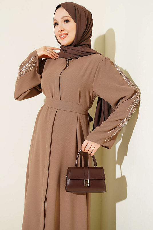 Kolları Pul Nakışlı Krep Abaya Latte