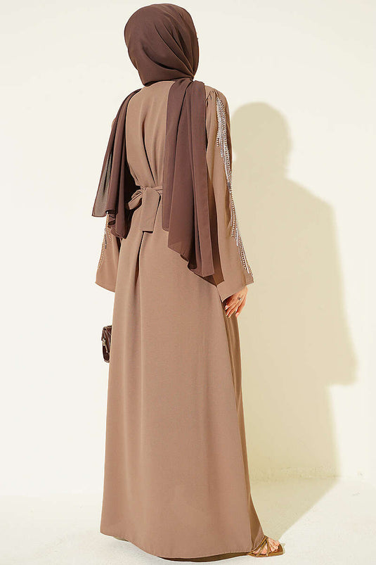 Kolları Pul Nakışlı Krep Abaya Latte
