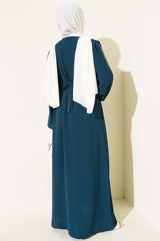 Kolları Pul Nakışlı Krep Abaya Zümrüt