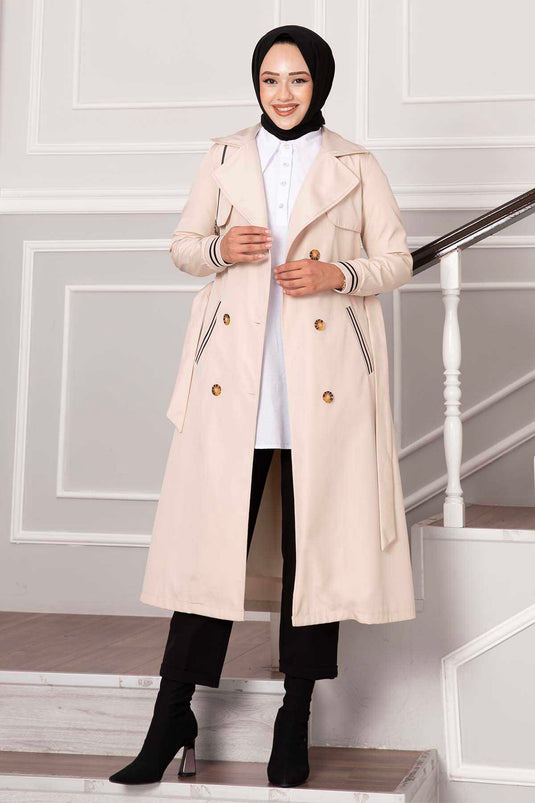 Sleeve Ribbed Button Detail Waterproof Trench Coat Ecru