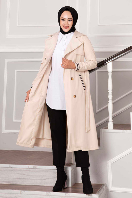 Sleeve Ribbed Button Detail Waterproof Trench Coat Ecru