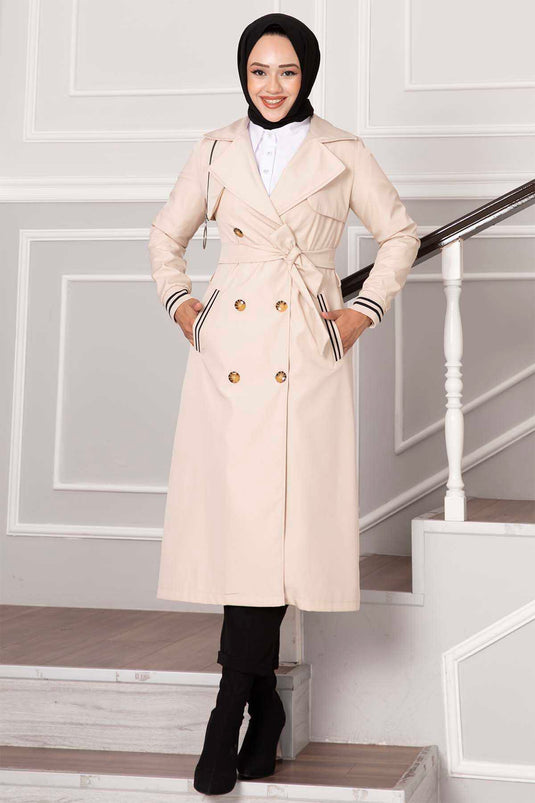 Sleeve Ribbed Button Detail Waterproof Trench Coat Ecru