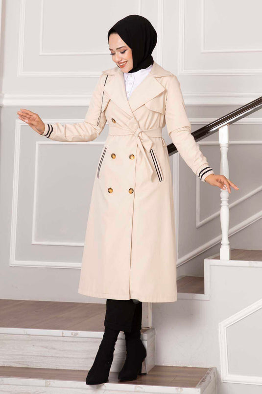 Sleeve Ribbed Button Detail Waterproof Trench Coat Ecru