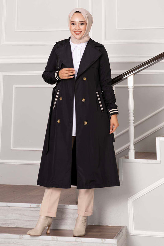 Black Waterproof Trench Coat with Ribbed Sleeve and Button Detail