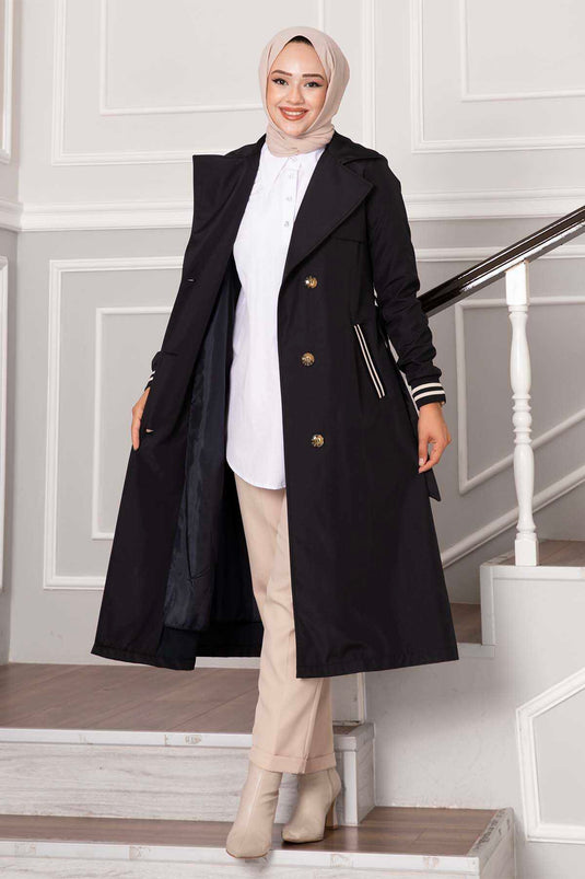 Black Waterproof Trench Coat with Ribbed Sleeve and Button Detail