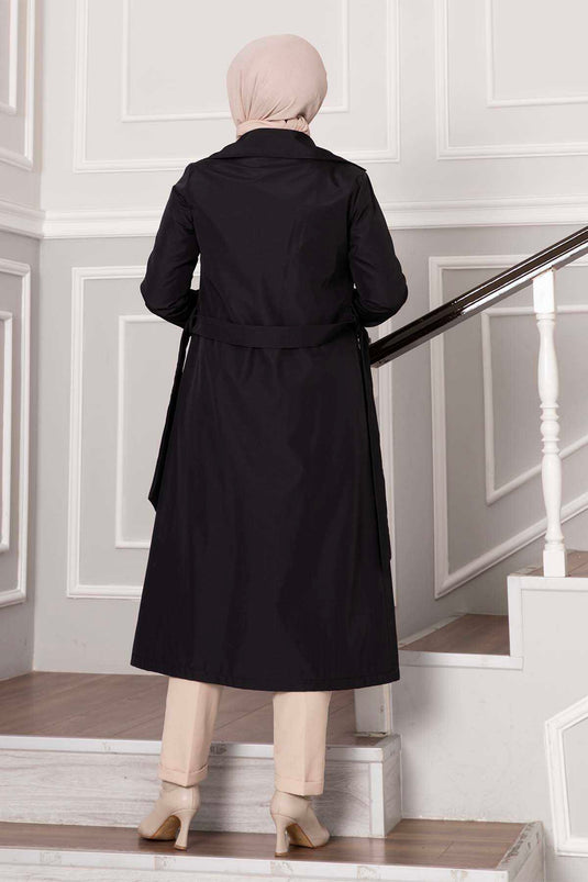 Black Waterproof Trench Coat with Ribbed Sleeve and Button Detail