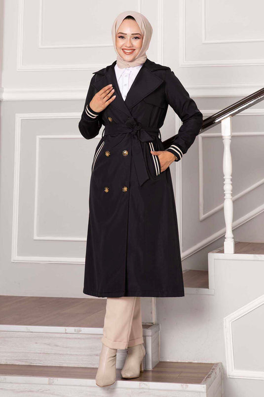 Black Waterproof Trench Coat with Ribbed Sleeve and Button Detail