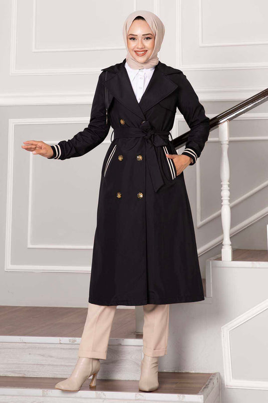 Black Waterproof Trench Coat with Ribbed Sleeve and Button Detail