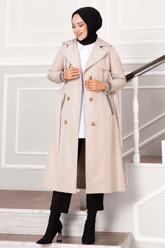 Sleeved Ribanalı Button Detail Waterproof Trench Coat Stone