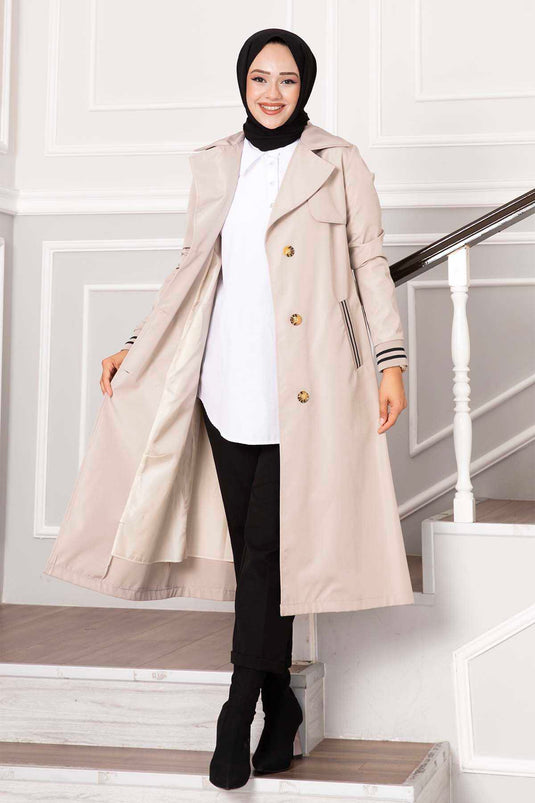 Sleeved Ribanalı Button Detail Waterproof Trench Coat Stone