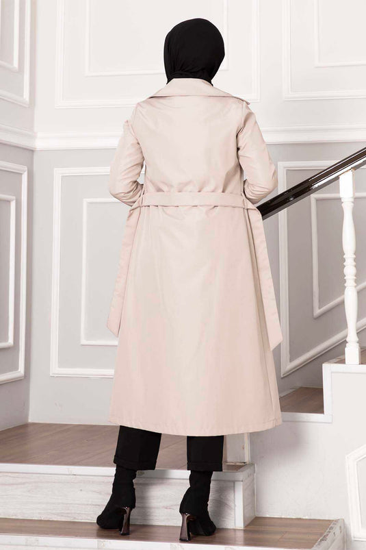 Sleeved Ribanalı Button Detail Waterproof Trench Coat Stone