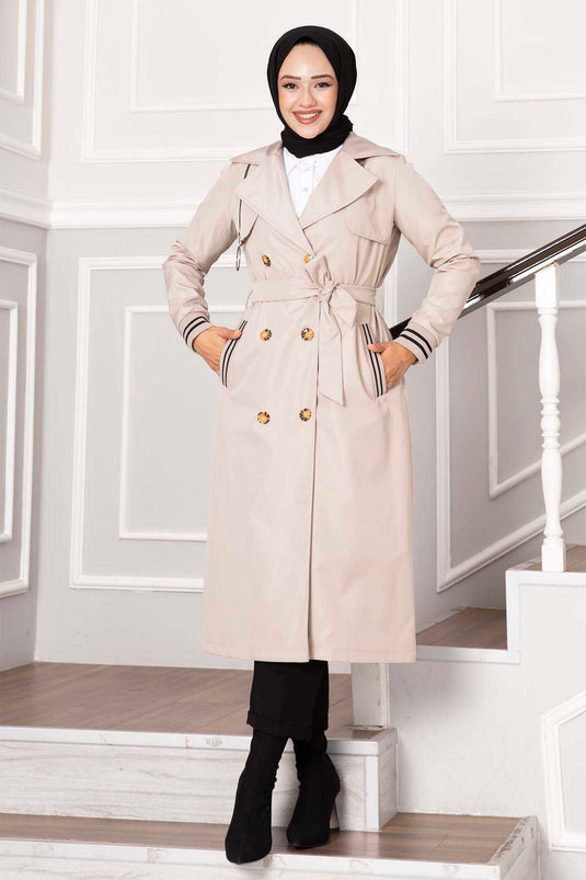 Sleeved Ribanalı Button Detail Waterproof Trench Coat Stone