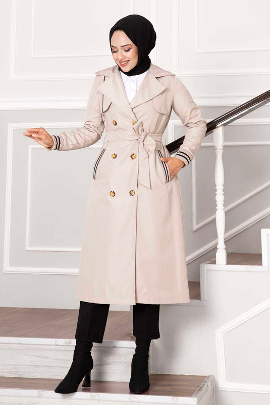 Sleeved Ribanalı Button Detail Waterproof Trench Coat Stone