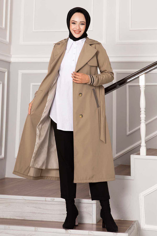 Sleeve Ribbed Button Detail Waterproof Trench Coat Beige