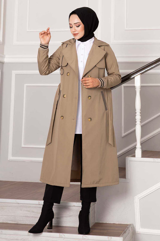 Sleeve Ribbed Button Detail Waterproof Trench Coat Beige