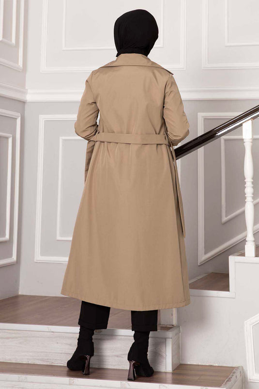 Sleeve Ribbed Button Detail Waterproof Trench Coat Beige