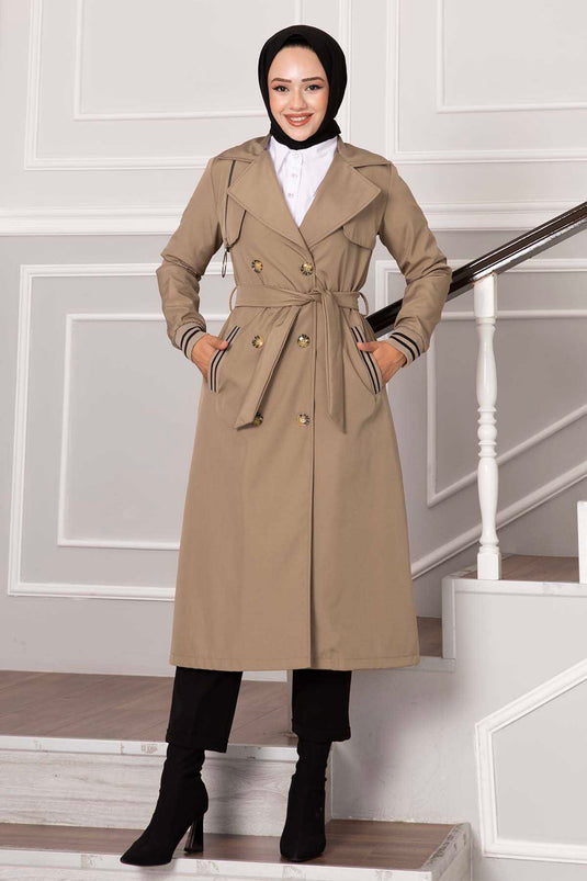 Sleeve Ribbed Button Detail Waterproof Trench Coat Beige