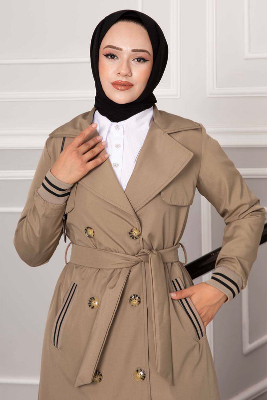 Sleeve Ribbed Button Detail Waterproof Trench Coat Beige