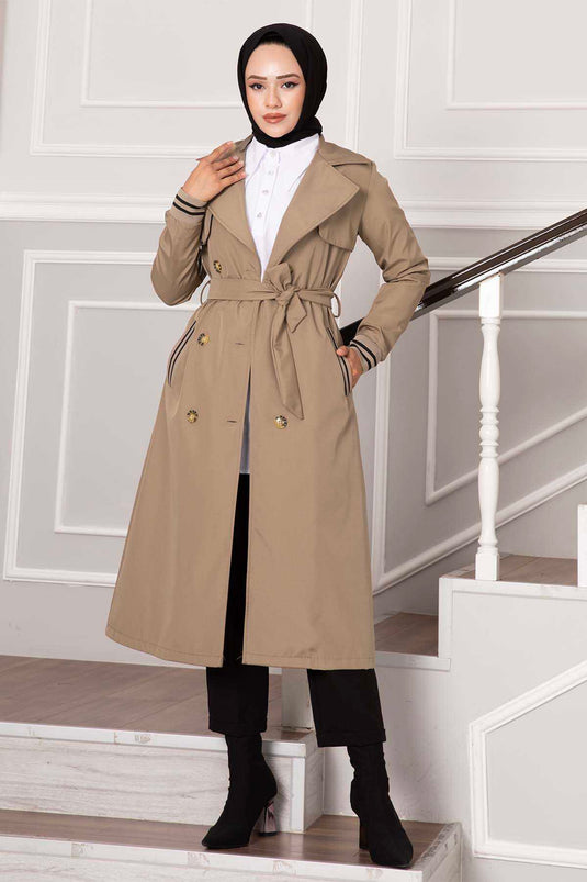 Sleeve Ribbed Button Detail Waterproof Trench Coat Beige