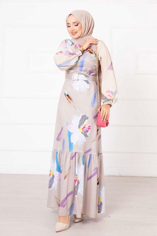 Beige Hijab Dress with Chiffon Flower Patterned Sleeves