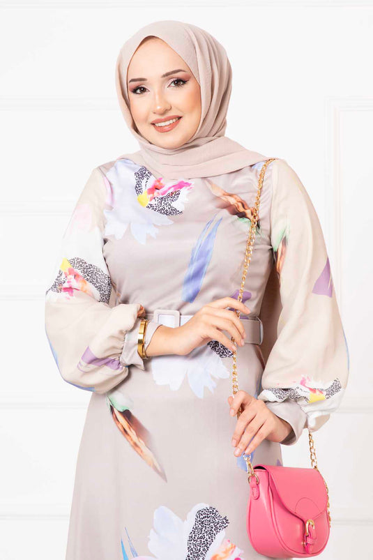 Beige Hijab Dress with Chiffon Flower Patterned Sleeves