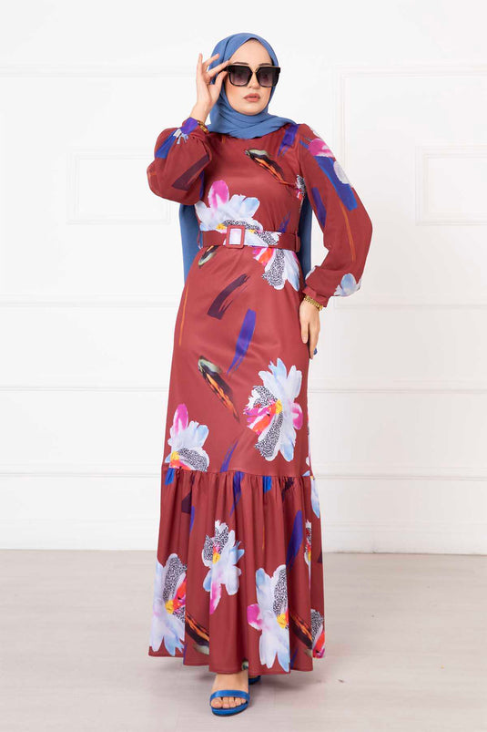 Burgundy Hijab Dress with Chiffon Flower Patterned Sleeves