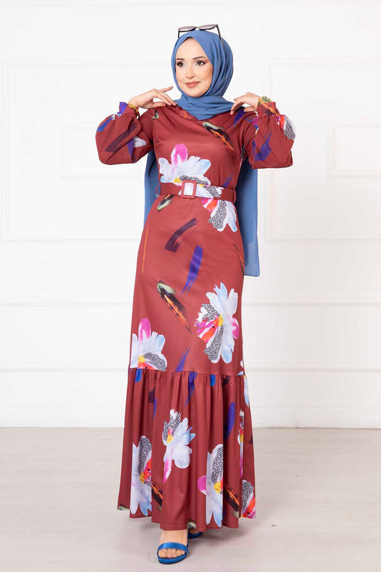 Burgundy Hijab Dress with Chiffon Flower Patterned Sleeves