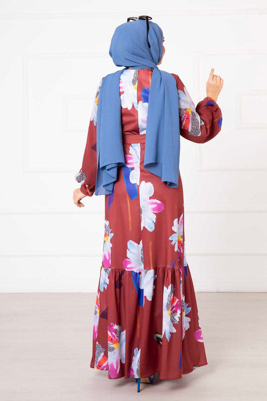 Burgundy Hijab Dress with Chiffon Flower Patterned Sleeves