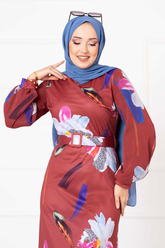 Burgundy Hijab Dress with Chiffon Flower Patterned Sleeves