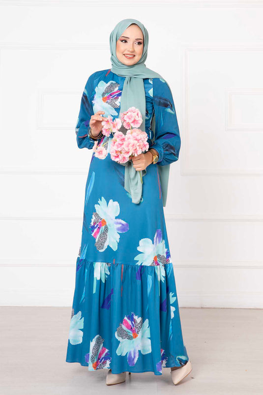 Indigo Dress with Chiffon Flower Patterned Sleeves