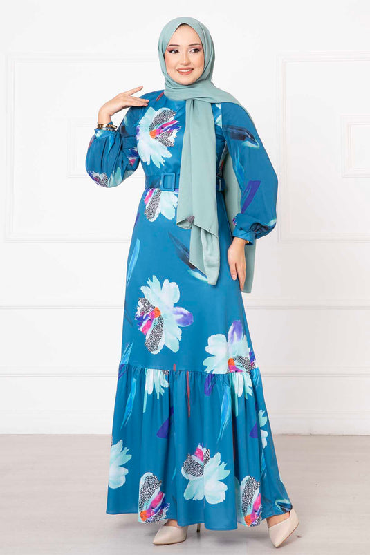 Indigo Dress with Chiffon Flower Patterned Sleeves