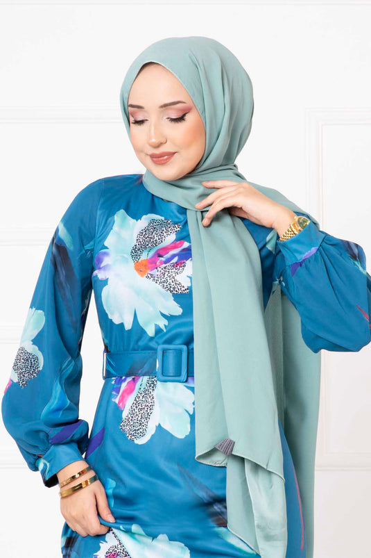 Abito hijab con maniche in chiffon e motivo floreale indaco