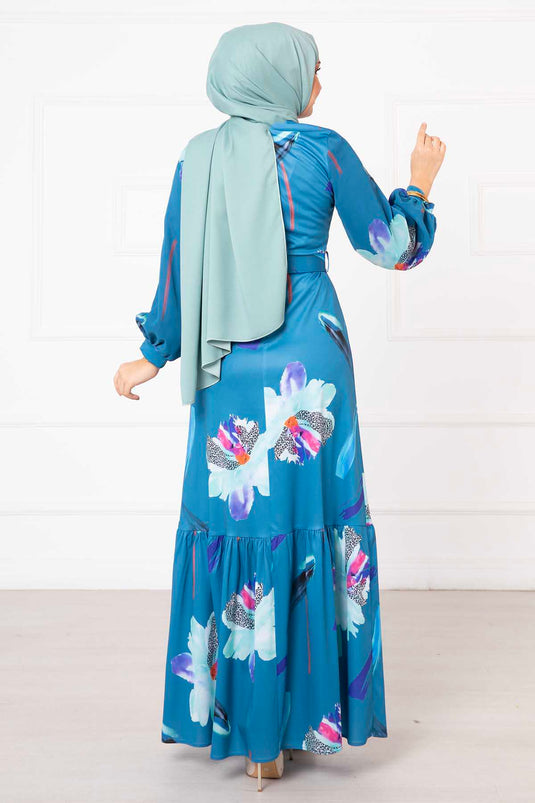 Robe hijab à motifs floraux avec manches en mousseline de soie indigo