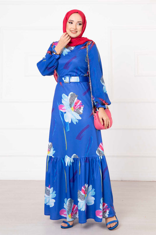 Sleeve Chiffon Flower Patterned Modest Dress in Royal Blue